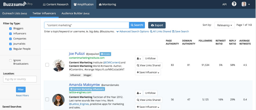 Buzzsumo twitter influencers screenshot